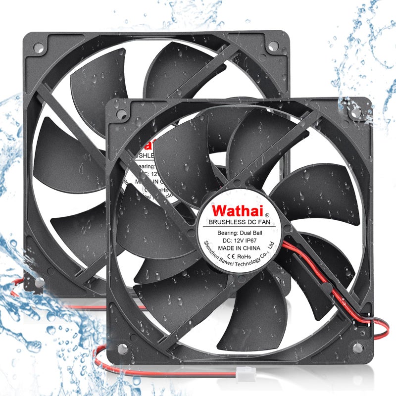 Wathai 120mm x 25mm DC 12V Waterproof Fan Dual Ball High Preformance for Electronic Equipment Cabinet or DIY Cooling Ventilation Exhaust Projects IP67 2 Pack - Image 1