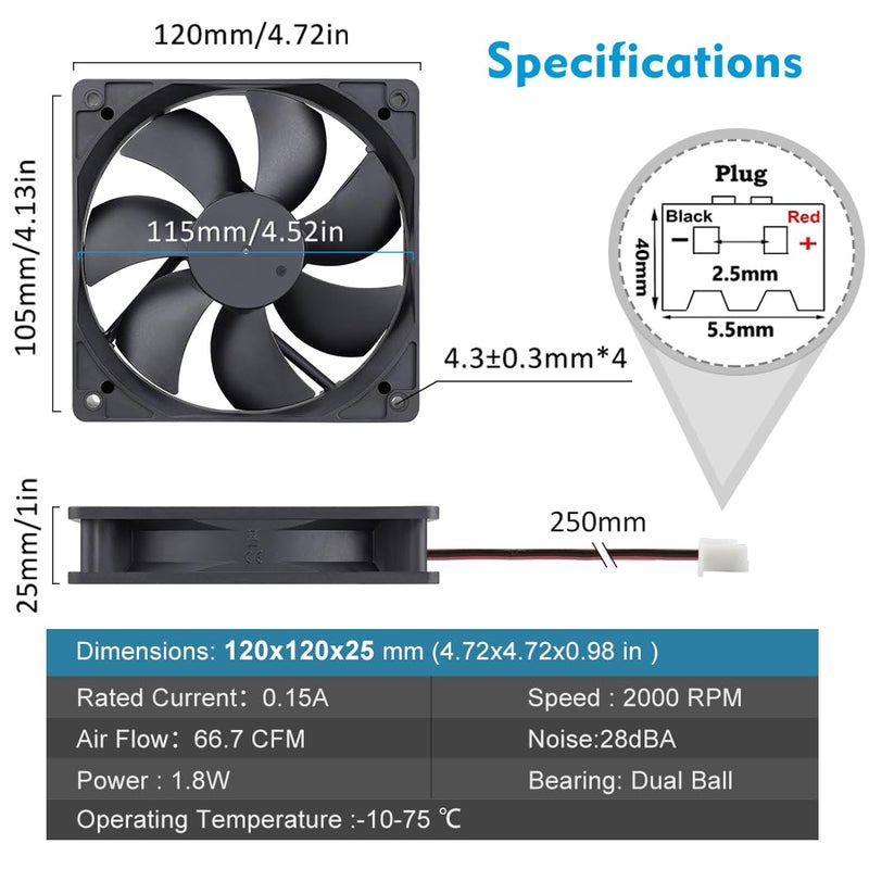 Wathai 120mm x 25mm DC 12V Waterproof Fan Dual Ball High Preformance for Electronic Equipment Cabinet or DIY Cooling Ventilation Exhaust Projects IP67 2 Pack - Image 2