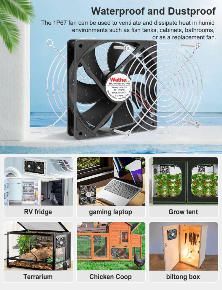 Wathai 120mm x 25mm DC 12V Waterproof Fan Dual Ball High Preformance for Electronic Equipment Cabinet or DIY Cooling Ventilation Exhaust Projects IP67 2 Pack - Image 3