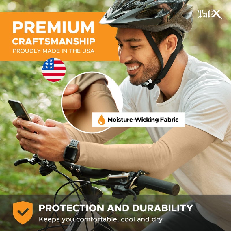 Tat2X Tattoo Cover Up Sleeve - Full Arm Sleeves Cover Tattoos at Work - Keep Tattoos Looking Fresh - Breathable Stay-Dry Fabric - Blocks 97% of UV Rays - Made in USA - Suntan - Extra Small/Small - 1 Sleeve - Image 2