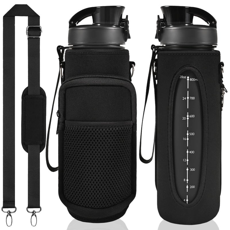 Newfad 32 oz Water Bottle with Straw and Sleeve Motivational Water Bottle with Time Marker and Adjustable Shoulder Strap BPA Free Leakproof Sport Water Jug for Hiking Gym