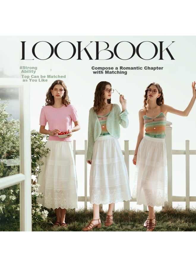 Olrain White Cake Skirt, High-waisted, Lace Trim, Embroidered, Long Skirt Off-white, Size S - Image 3