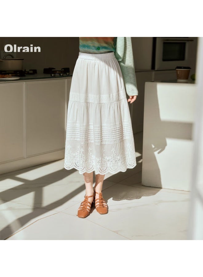 Olrain White Cake Skirt, High-waisted, Lace Trim, Embroidered, Long Skirt Off-white, Size S - Image 1