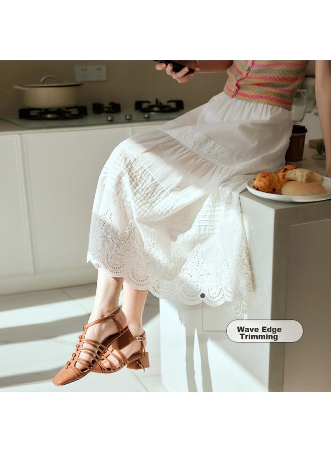 Olrain White Cake Skirt, High-waisted, Lace Trim, Embroidered, Long Skirt Off-white, Size S - Image 2