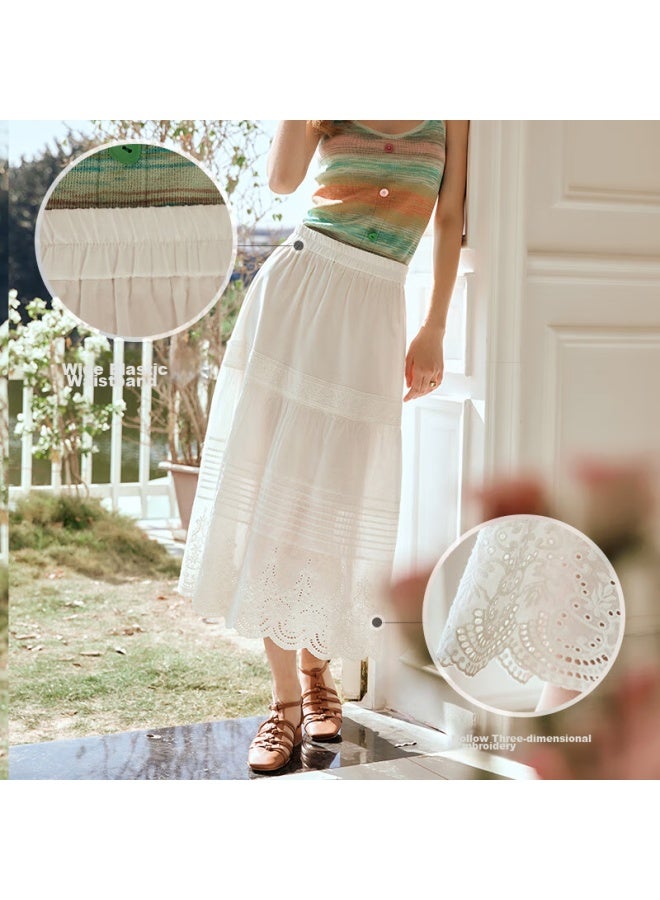 Olrain White Cake Skirt, High-waisted, Lace Trim, Embroidered, Long Skirt Off-white, Size S - Image 4
