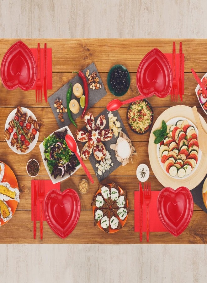 FoldTier 216 Pcs Valentines Day Heart Paper Plates Napkins Set Disposable Tableware Party Supplies, 36 Paper Plates 36 Paper Cups 36 Napkins 108 Plastic Knives, Forks and Spoons(Red) - Image 5