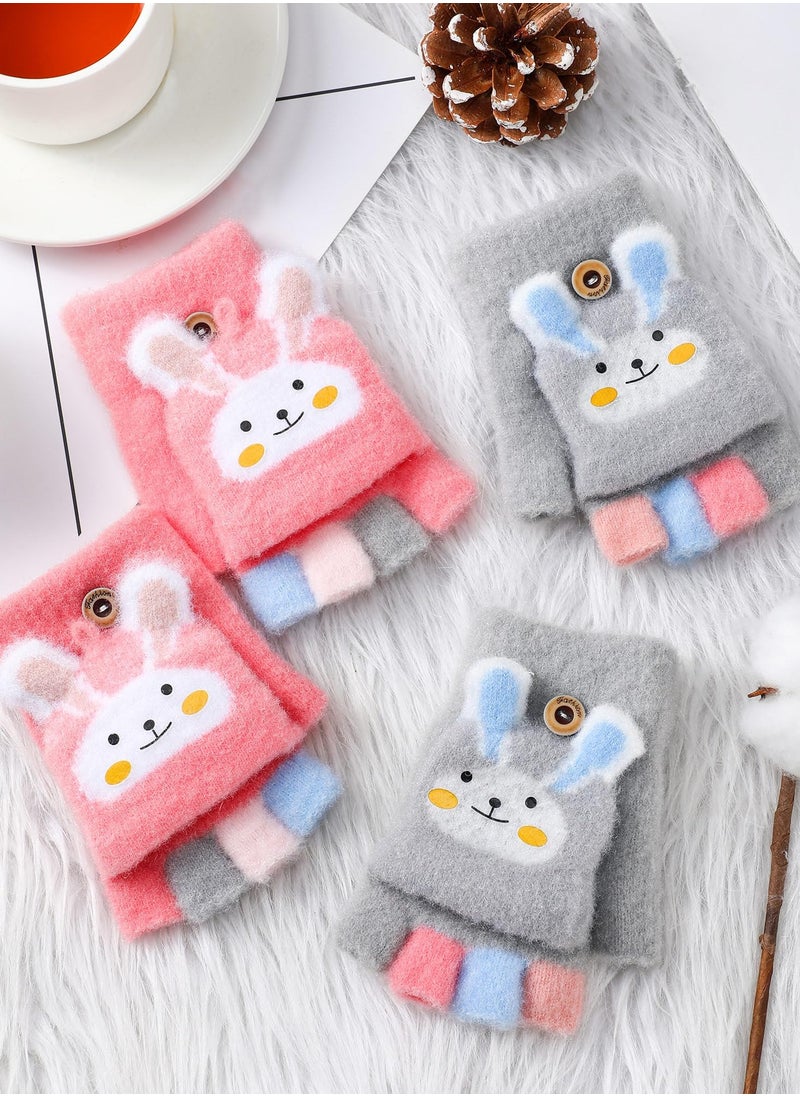 SYOSI - 2 Pairs Toddler Finger Mittens Kids Fingerless Gloves Knit Convertible Half Finger Mitten Flap for Aged 3-15(Grey, Pink) - Image 1