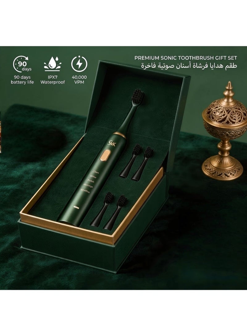 طقم فرشاة أسنان كهربائية سونيك فاخرة للبالغين - تنظيف عميق 48000 ذبذبة في الدقيقة، 5 أوضاع، مستشعر ضغط، وحقيبة سفر - Image 1