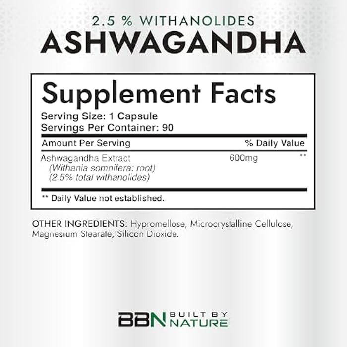 Built by Nature Ashwagandha Supplement – Extra Strength Ashwagandha Capsules 600mg – Standardized 2.5% Withanolides – Ashwagandha for Men & Women – Stress, Mood & Energy Support – 90 Capsules - Image 4