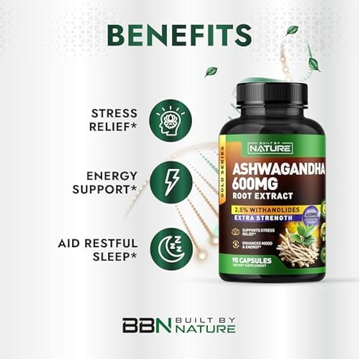Built by Nature Ashwagandha Supplement – Extra Strength Ashwagandha Capsules 600mg – Standardized 2.5% Withanolides – Ashwagandha for Men & Women – Stress, Mood & Energy Support – 90 Capsules - Image 2
