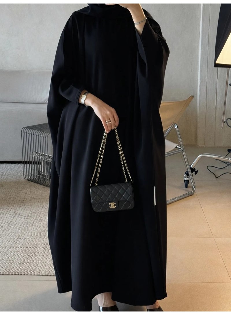 Abaya Aseel Bisht Cut with Hidden Snaps, Luxury Linen - Black - Image 3