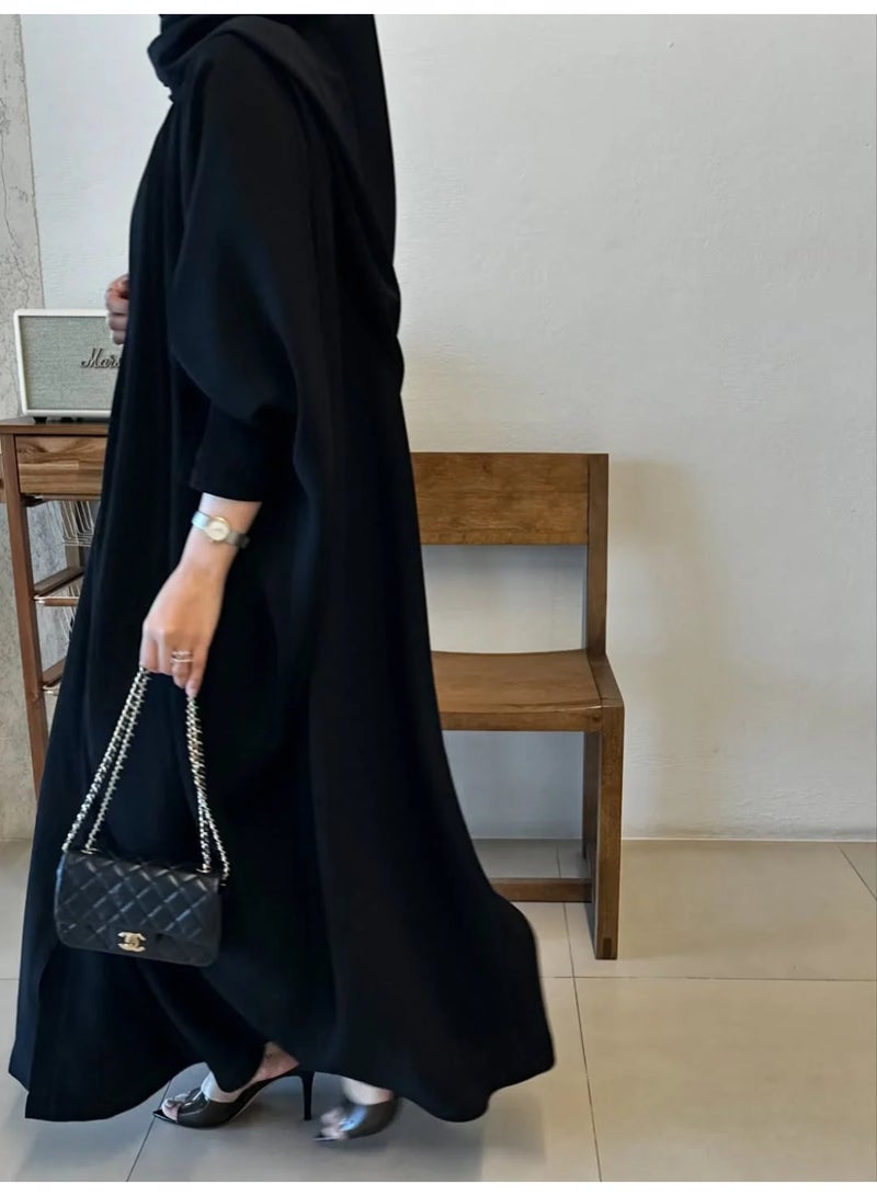 Abaya Aseel Bisht Cut with Hidden Snaps, Luxury Linen - Black - Image 2