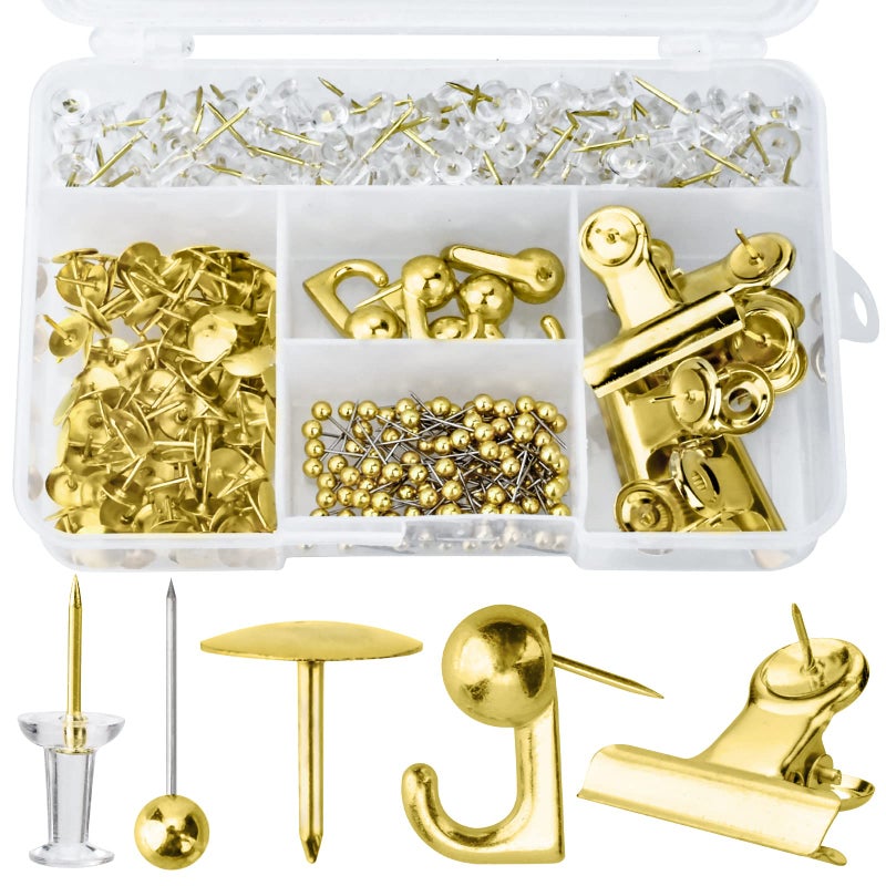 AccEncyc AccEncyc Gold Push Pin Kit 310 Pcs Decorative Thumb Tacks with Push Pin Hook Pushpin for Cork Board Bulletin Board Office Wall  5 Style