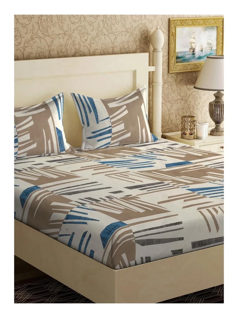 KLOTTHE Supersoft Cotton Blend Feel Glace Cotton King Size Printed Flat Double Bedsheet wih 2 Pillow Covers II 300 TC, 90"x100" Inch, Multi - Image 1