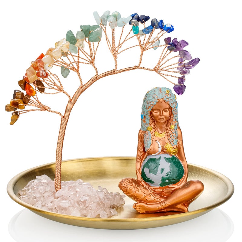 ZenBless Crystals Tree7 Chakra Healing Crystals Tree Gaia Te Fiti Storage Tray Yoga Meditation Zen Home Decor Set Figurine Ornament Decoration Feng Shui Wealth Luck Mother Earth Statue_Gold Tray