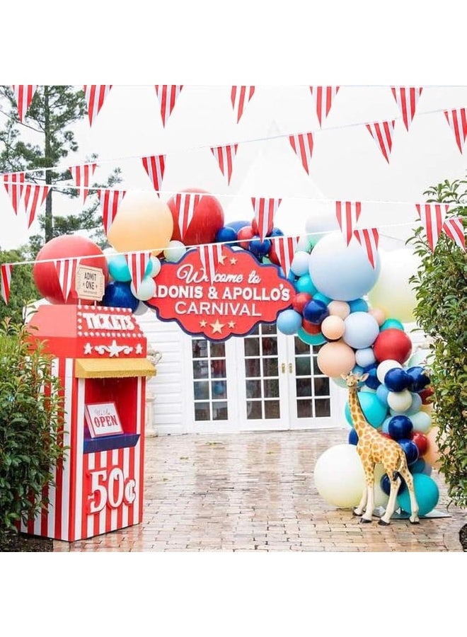 RUBFAC راية بنر مخطط بالأحمر والأبيض بطول 170 قدم و120 قطعة، لوازم زينة الكرنفال والسيرك، أعلام مثلثية معلقة، عيد ميلاد الأطفال، لوازم احتفال ليلة رأس السنة - Image 1