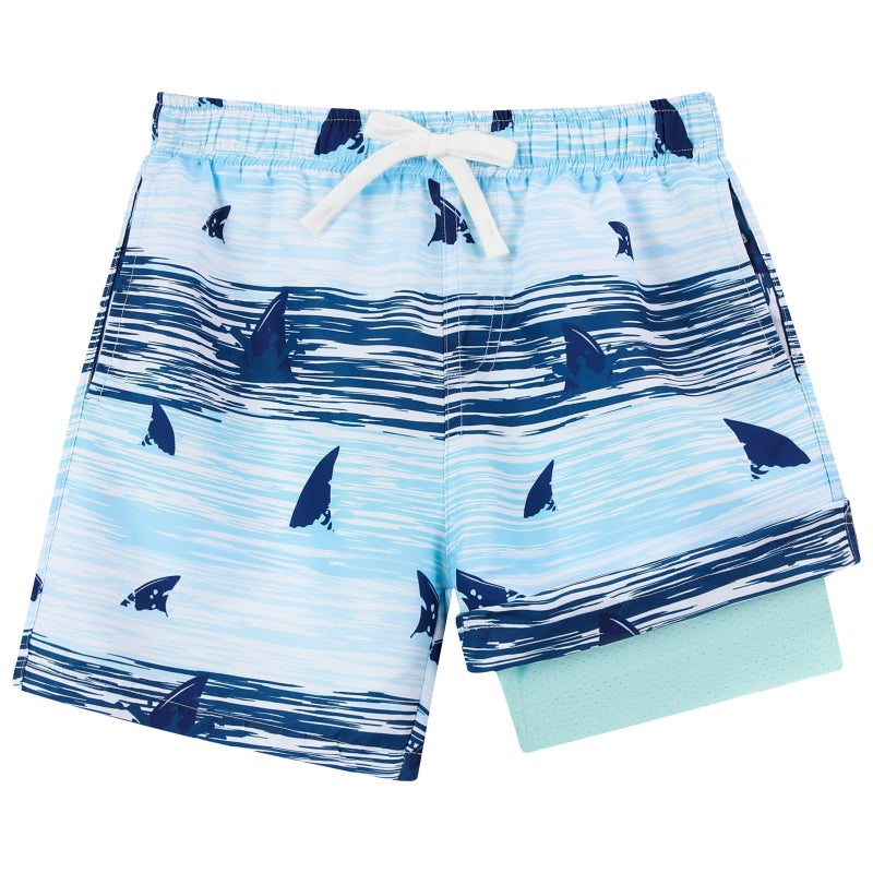 westwolf Boys Swim Trunks with Compress Liner Funny Shark Board Shorts for Kids Size 10-12 Boy's Bathing Suits Medium Shark Green Stripe Boys Swim Shorts Shark Shorts Swimwear Daily Beach Short 10 11 12 Years - Image 1