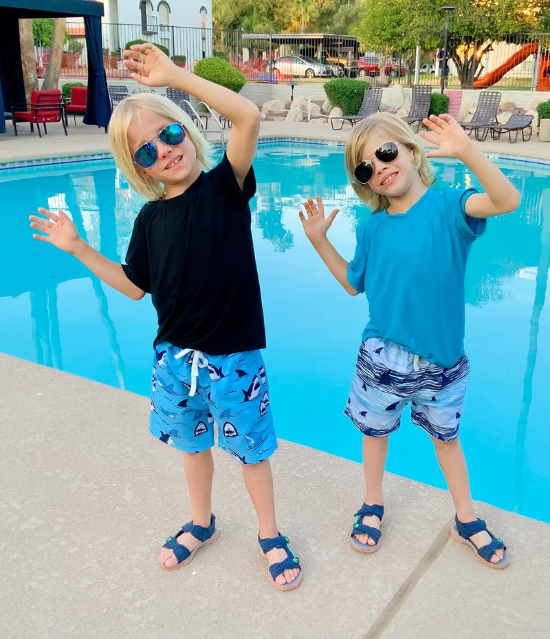westwolf Boys Swim Trunks with Compress Liner Funny Shark Board Shorts for Kids Size 10-12 Boy's Bathing Suits Medium Shark Green Stripe Boys Swim Shorts Shark Shorts Swimwear Daily Beach Short 10 11 12 Years - Image 2