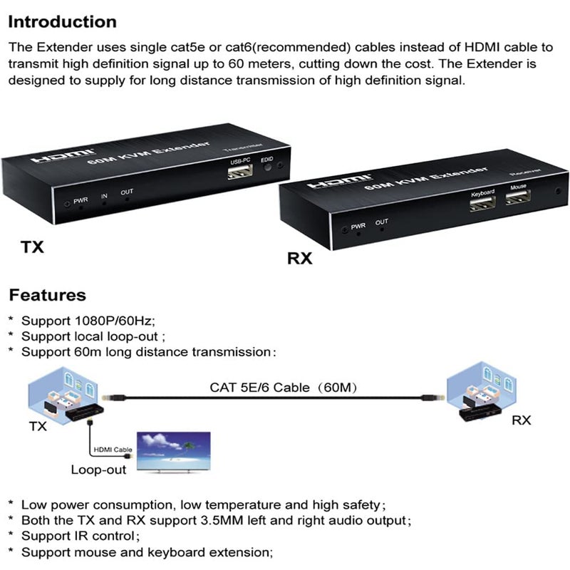 ETZIN HDMI KVM Extender Cat5e/6 Rj45 60M USB HDMI KVM Switch Extension Sharing USB Mouse Keyboard Loop IR Compatible with PS-3 PS-4 X-box PC TV-EPL-553H. - Image 5