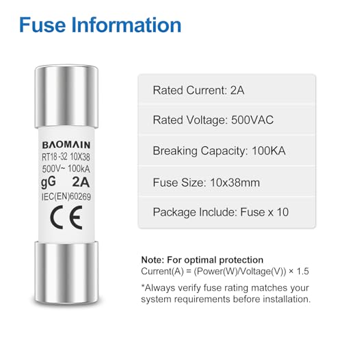 Baomain 10-Pack 2A Fuse Link, RT18-32 (RO15 RT14 RT19), Cylindrical Ceramic Tube 10x38mm 500V CE Listed - Image 4