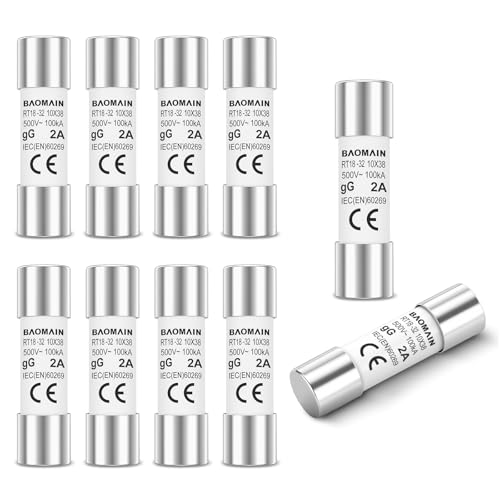 Baomain 10-Pack 2A Fuse Link, RT18-32 (RO15 RT14 RT19), Cylindrical Ceramic Tube 10x38mm 500V CE Listed - Image 1