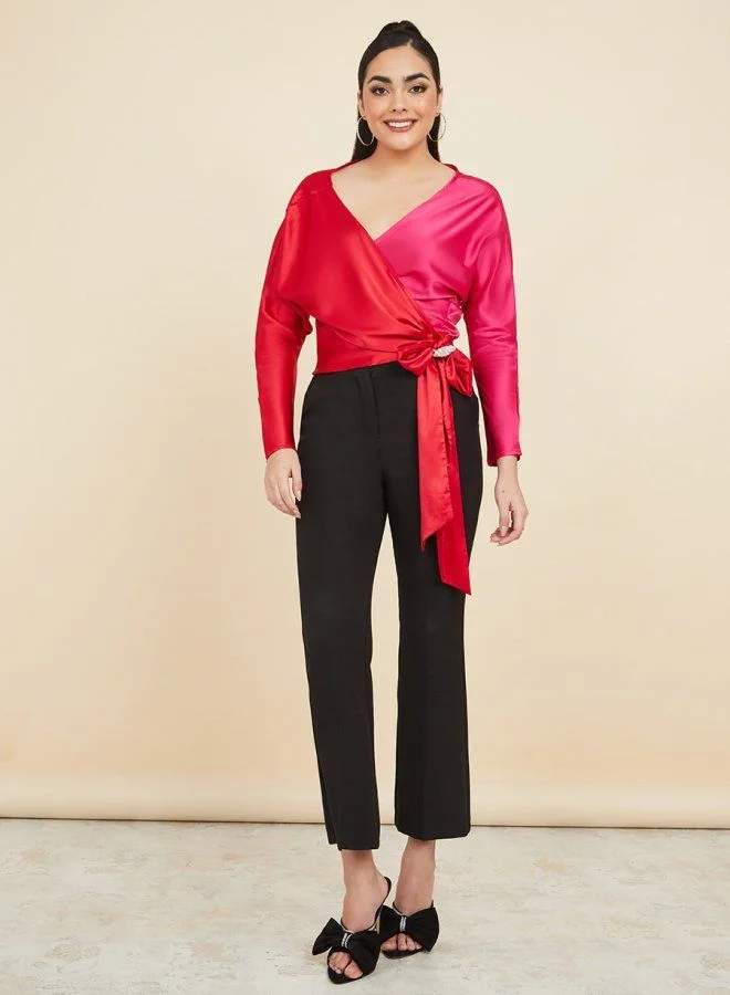 ستايلي Colorblock Satin Wrap Top with with Brooch Detail