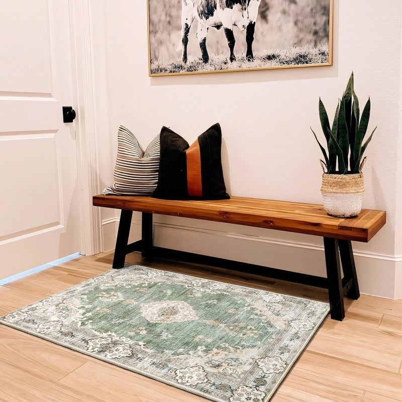 MUJOO Green Area Rug Small Rugs Boho Machine Washable Rugs Non Slip for Entryway Kitchen Bathroom Bedroom Vintage Soft Low-Pile 2'x3' Flowers - Image 2