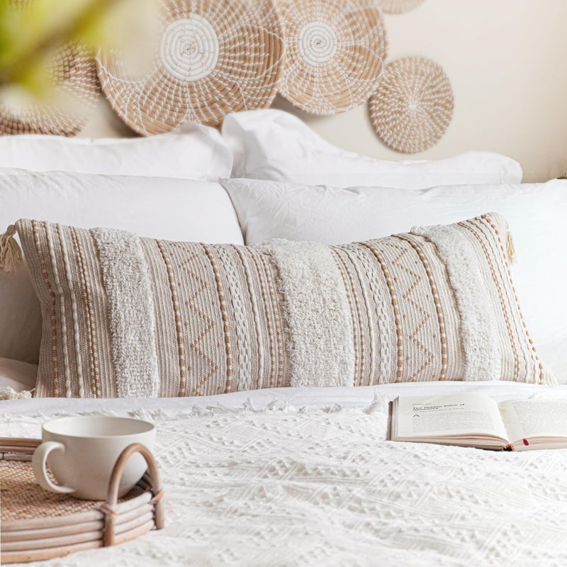 BlissBlush Cream Decorative Lumbar Throw Pillow Cover 14x36 Boho Long Cushion for Bed Neutral Accent Farmhouse Pillowcase for Bedroom Living Room Couch Sofa Home Dcor Cover ONLY Pack of 1