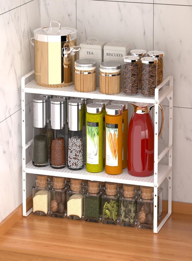 iPEGTOP Large Expandable Cabinet Storage Shelf Organizer Rack, Heavy Duty Stackable Steel Metal Spice Rack Adjustable Height Home Office Pantry Garage Shelf for Counter Kitchen, White - 1 Pack - Image 5