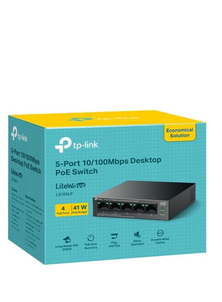 Tp-link Tl مفتاح إيثرنت مكتبي TP-Link 5 منافذ 10/100Mbps مع 4 منافذ PoE، ميزانية PoE 41 واط، استعادة تلقائية لـ PoE، توصيل وتشغيل، هيكل معدني، تصميم بدون مروحة، مثالي لشبكة أمان المراقبة IP (LS105LP) - Image 4