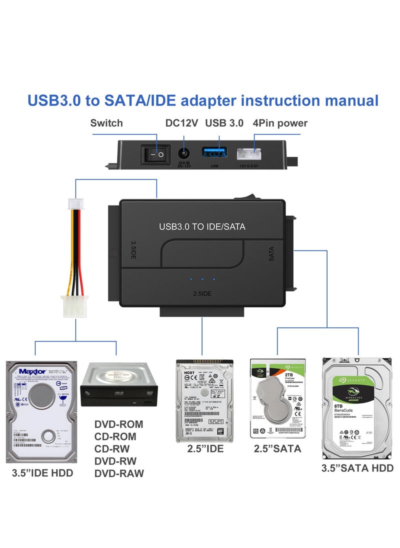 Joyelink - USB 3.0 to SATA Adapter Hard Disk Adapter Cable IDE to USB Adapter Universal 2.5/3.5 HDD/SSD 40 pin Hard Drive Adapter Hard Drive Adapter Outfit with 12V/2A Power Adapter - Image 1