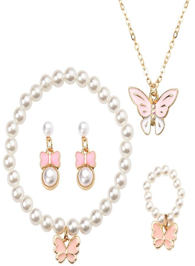 Sisadodo Butterfly Bracelet Ring Necklace Earrings for Women Preal Beaded Bracelets and Rings Set Preals Stud Earring and Necklaces 5 Pcs Pink Butterflies Necklace Earrings Ring Bracelet Kit - Image 1