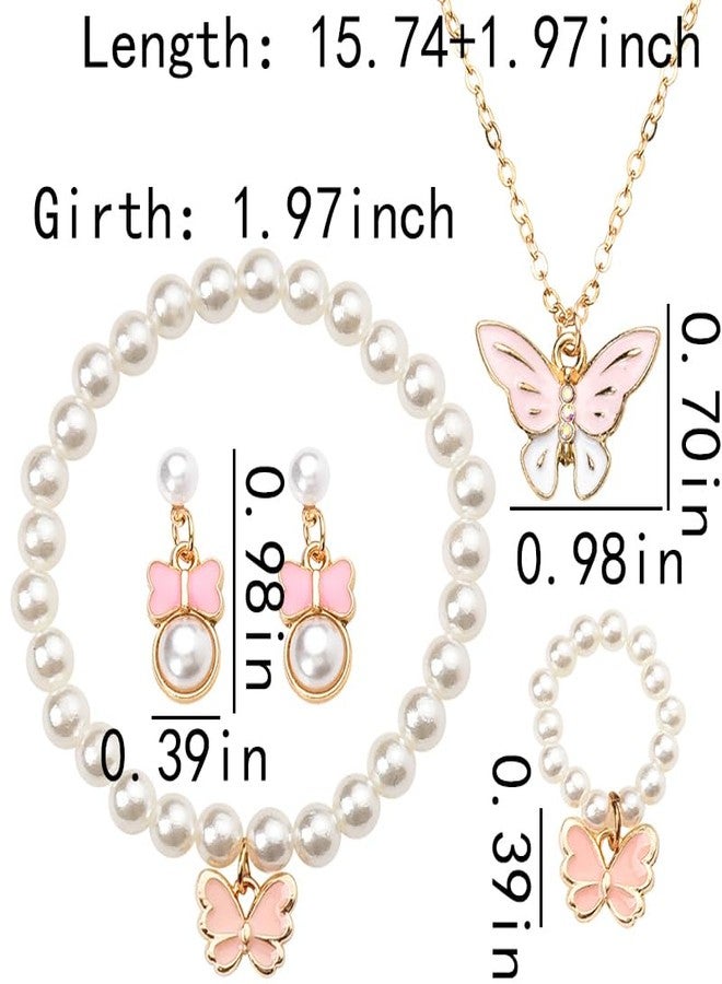 Sisadodo Butterfly Bracelet Ring Necklace Earrings for Women Preal Beaded Bracelets and Rings Set Preals Stud Earring and Necklaces 5 Pcs Pink Butterflies Necklace Earrings Ring Bracelet Kit - Image 2
