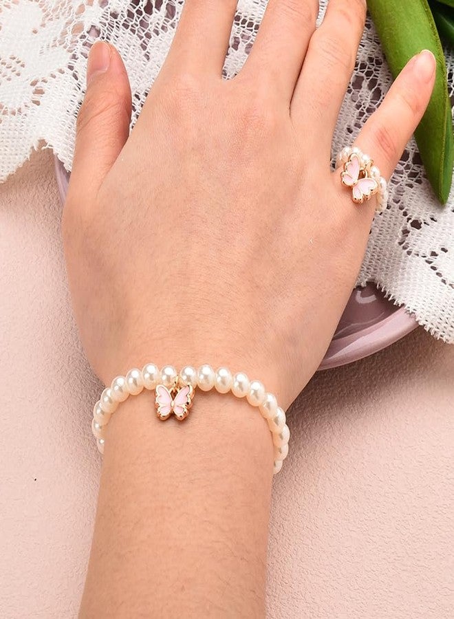 Sisadodo Butterfly Bracelet Ring Necklace Earrings for Women Preal Beaded Bracelets and Rings Set Preals Stud Earring and Necklaces 5 Pcs Pink Butterflies Necklace Earrings Ring Bracelet Kit - Image 5