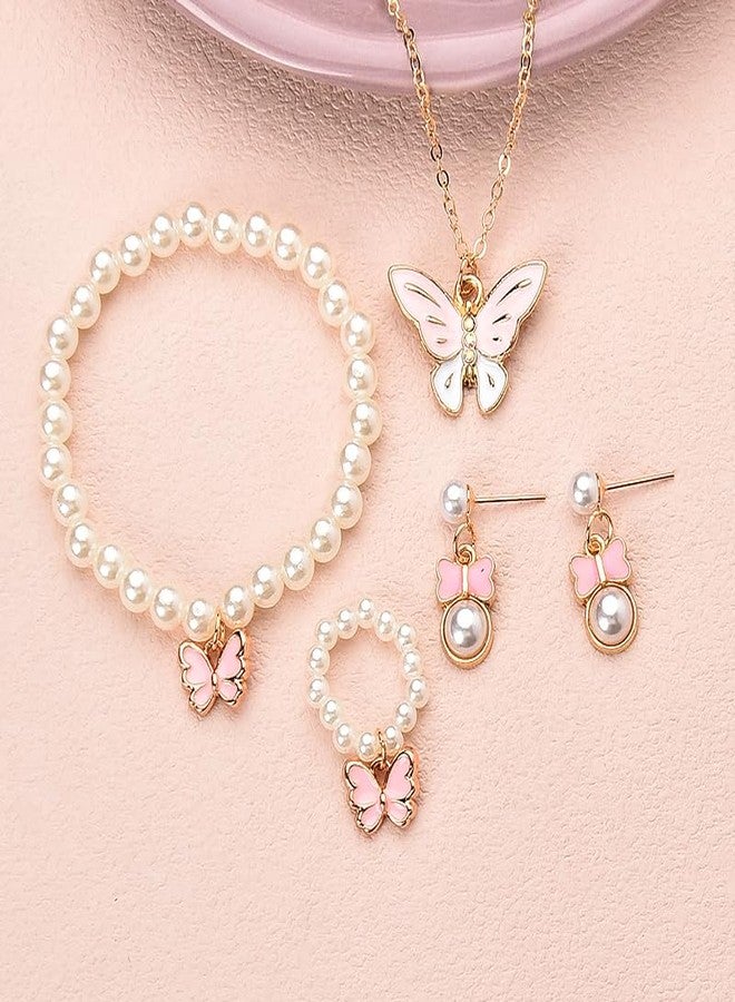 Sisadodo Butterfly Bracelet Ring Necklace Earrings for Women Preal Beaded Bracelets and Rings Set Preals Stud Earring and Necklaces 5 Pcs Pink Butterflies Necklace Earrings Ring Bracelet Kit - Image 3