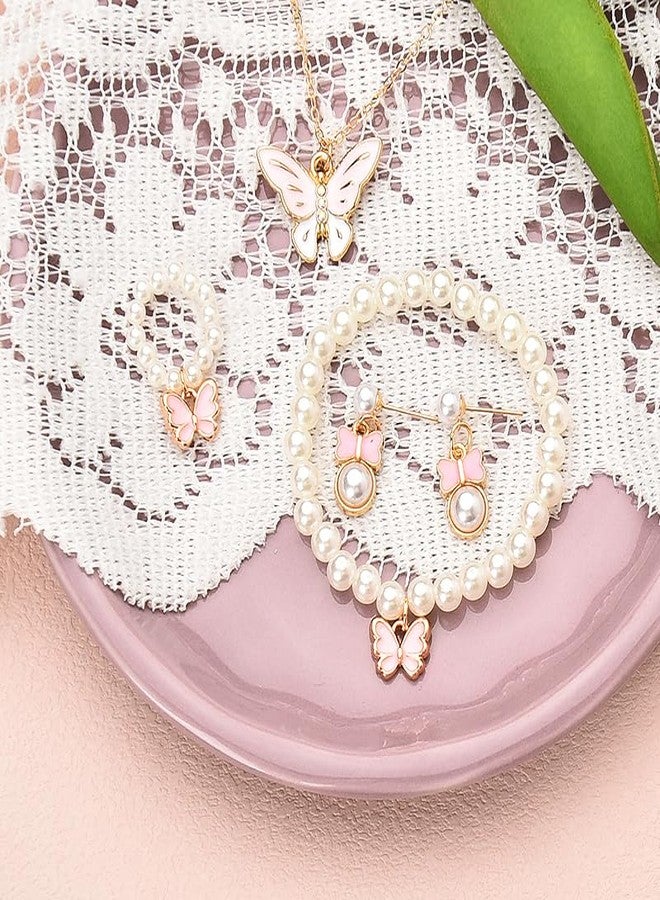 Sisadodo Butterfly Bracelet Ring Necklace Earrings for Women Preal Beaded Bracelets and Rings Set Preals Stud Earring and Necklaces 5 Pcs Pink Butterflies Necklace Earrings Ring Bracelet Kit - Image 4