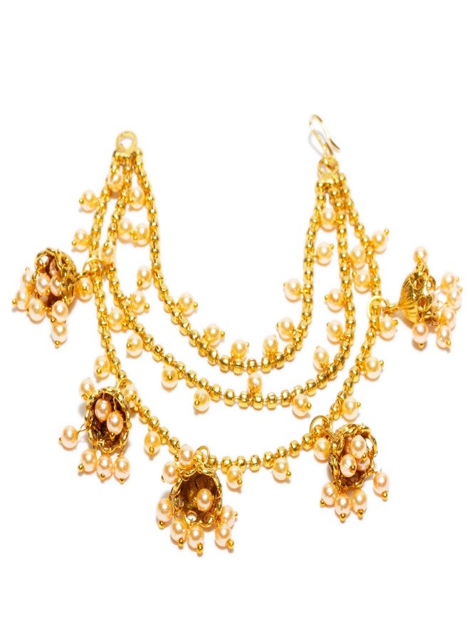 بينداني أقراط بيندهاني مطلية بالذهب، سلسلة شعر باهوبالي مع أقراط جومكي صغيرة متدلية، مصنوعة يدوياً في الهند للنساء - Image 2