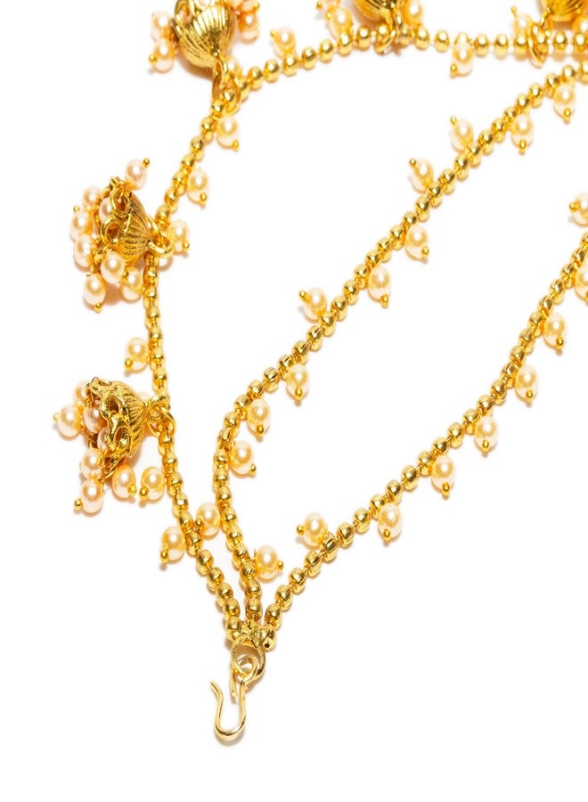 بينداني أقراط بيندهاني مطلية بالذهب، سلسلة شعر باهوبالي مع أقراط جومكي صغيرة متدلية، مصنوعة يدوياً في الهند للنساء - Image 4