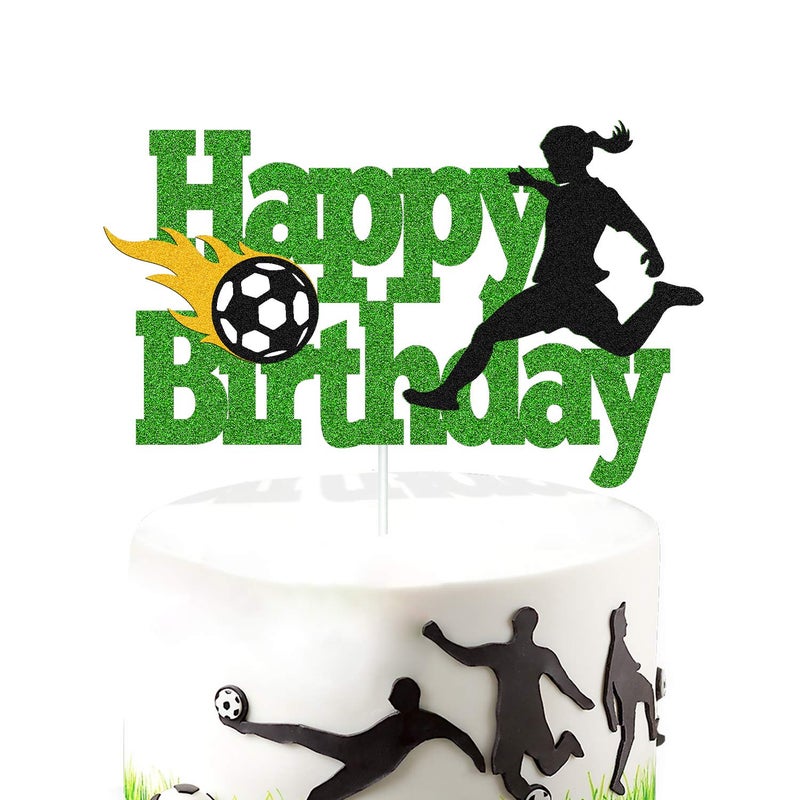 YOYMARR Soccer Cake Topper Happy Birthday Sign Cake Decorations for Soccer Ball Player Net Sport Football Themed Women Girl Birthday Party Supplies Green Glitter Dcor Double Sided - Image 2