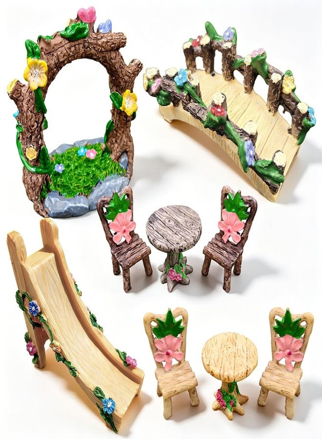 AWEELON 9 Pcs Fairy Garden Accessories, Miniature Garden Kit Landscape Decorations Table and Chairs Set Fairy Garden Furniture Ornaments Bridge Flower Slide Figurine for Dollhouse Terrarium Potted Plants - Image 1