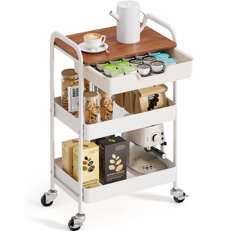 TOOLF 3-Tier Metal Utility Rolling Cart with Drawer & Wooden Table Top, Storage Cart White Trolley Kitchen Organizer Rolling Desk with Locking Wheels for Office, Classroom, Dorm, Bedroom - Image 1