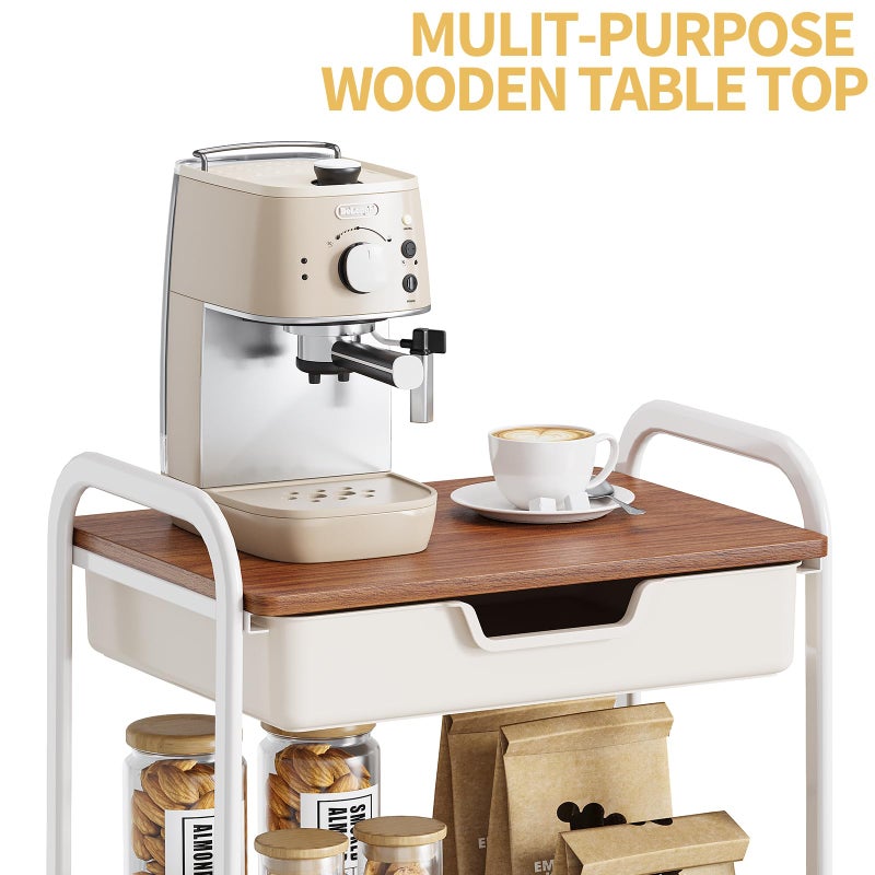 TOOLF 3-Tier Metal Utility Rolling Cart with Drawer & Wooden Table Top, Storage Cart White Trolley Kitchen Organizer Rolling Desk with Locking Wheels for Office, Classroom, Dorm, Bedroom - Image 4
