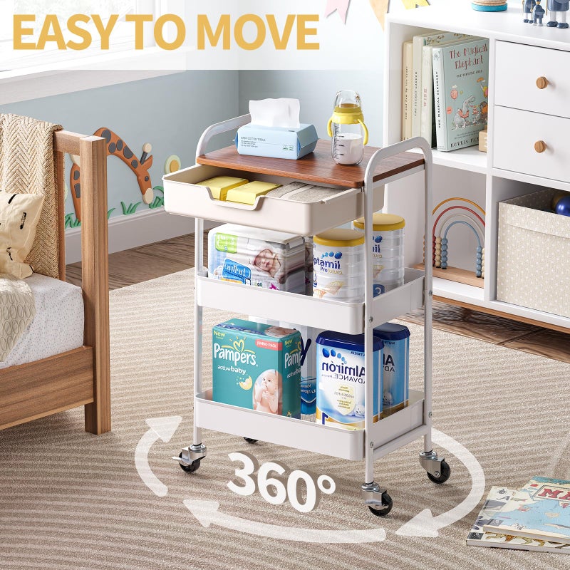 TOOLF 3-Tier Metal Utility Rolling Cart with Drawer & Wooden Table Top, Storage Cart White Trolley Kitchen Organizer Rolling Desk with Locking Wheels for Office, Classroom, Dorm, Bedroom - Image 2