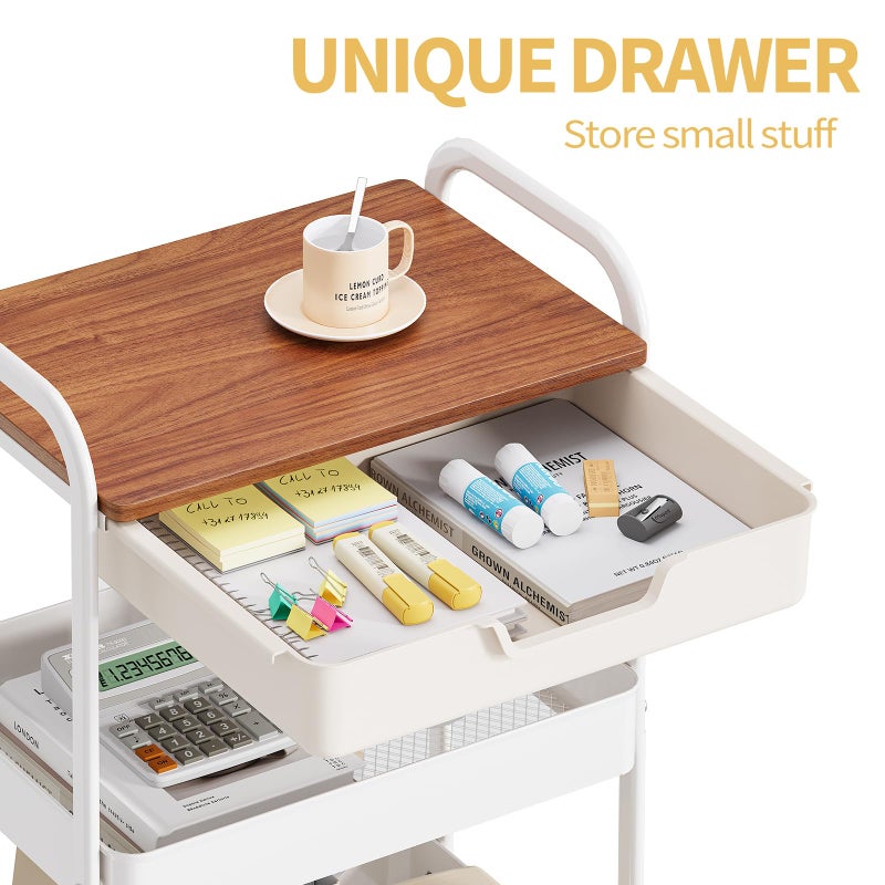 TOOLF 3-Tier Metal Utility Rolling Cart with Drawer & Wooden Table Top, Storage Cart White Trolley Kitchen Organizer Rolling Desk with Locking Wheels for Office, Classroom, Dorm, Bedroom - Image 3