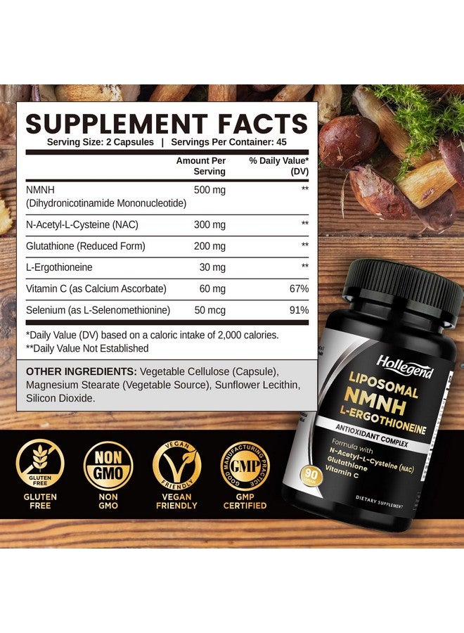 Hollegend مكمل هوليجيند ليبوسومال NMNH وإرجوثيونين، 6 في 1 مع NAC، جلوتاثيون، فيتامين C وسيلينيوم، للنساء والرجال، دعم الشيخوخة الصحية، مضاد للأكسدة ودعم المناعة، 90 كبسولة - Image 2
