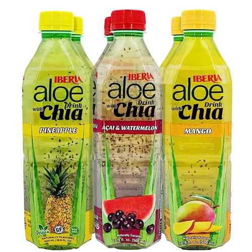 Iberia Aloe Vera Drink with Aloe Pulp and Chia Seeds 16.9 Ounce (Pack of 6) 2 X Watermelon & Acai, 2 x Mango, 2 x Pineapple - Image 1