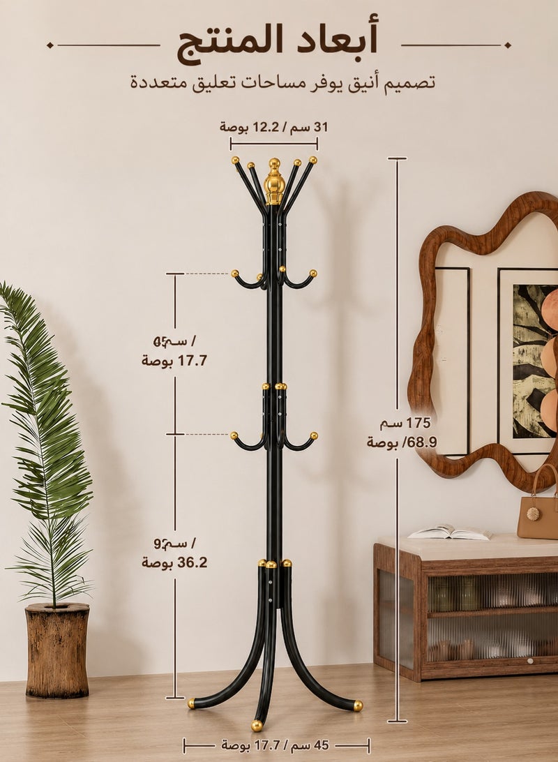 rayze 12-Hook Freestanding Metal Coat Rack, Black Hall Tree Clothes Hanger Organizer, Space Saving Entryway Stand for Jackets Bags Hats Scarves Home Office - Image 2
