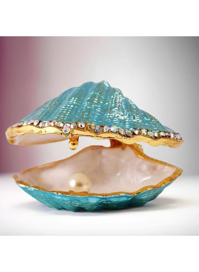Seashell Trinket Box with Pearl for Women & Girls - Hand-Painted Enamel Shell Jewelry Organizer with Crystal Rhinestones, Hinged Zinc Alloy Ring Holder & Collectible Figurine
