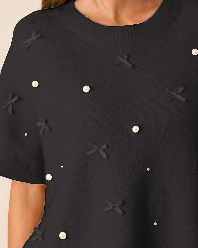 Kedera Women's Pearl Beaded Sweater Cute Bow Embellished Top Short Sleeve Sweater Loose Pullover Crop Tops Knitwear Black - Image 4