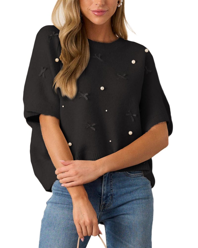 Kedera Women's Pearl Beaded Sweater Cute Bow Embellished Top Short Sleeve Sweater Loose Pullover Crop Tops Knitwear Black - Image 1